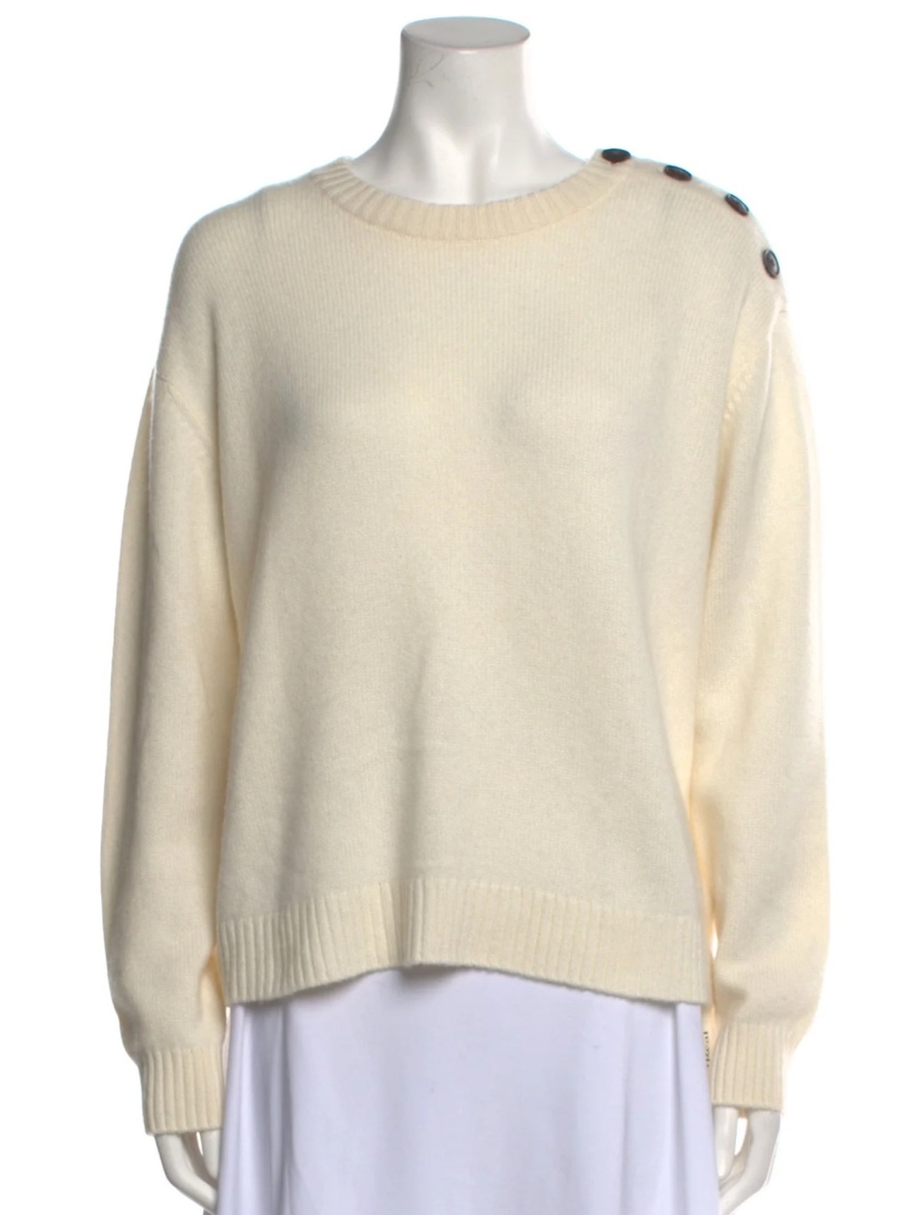 NakedCashmere Pale Cream Crewneck 100% Cashmere Sweater with Shoulder Buttons
